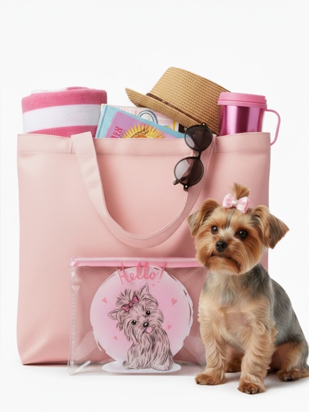 Light Pink Yorkie Hello Bow Heart Puppy Dog 6" Makeup Cosmetic Bag Coquette Girl